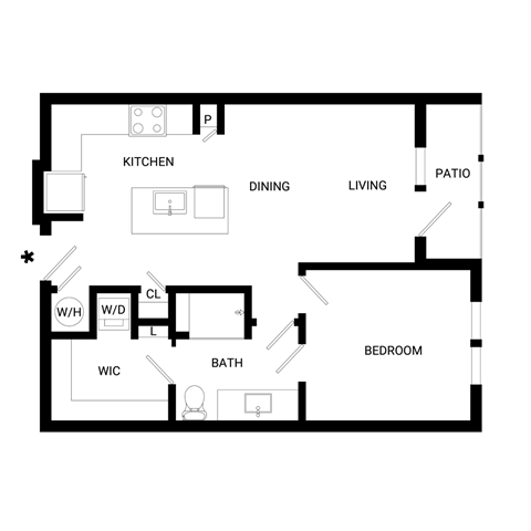 Floor plan for 1 bed, 1 bath, 707 sqft